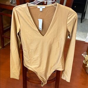 Bar III Camel V-Neck Long Sleeve Bodysuit